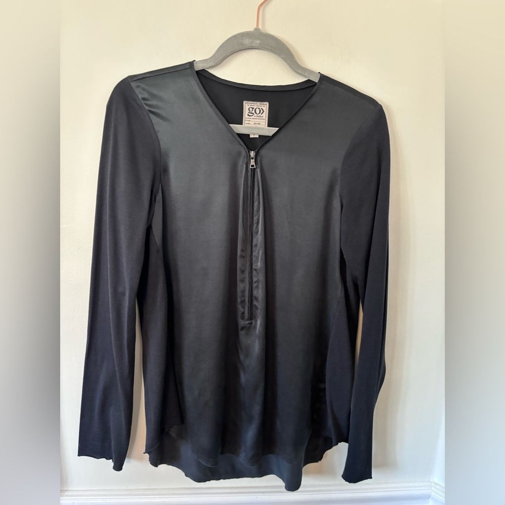 Go Silk silk/jersey mixed media long sleeve top with half zip front size M